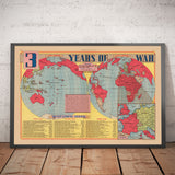 Mappa della Seconda Guerra Mondiale, 1945 - "3 Anni di Guerra" di Edwin Sundberg - Alleati contro Asse - Coinvolgimento degli USA nella Seconda Guerra Mondiale 