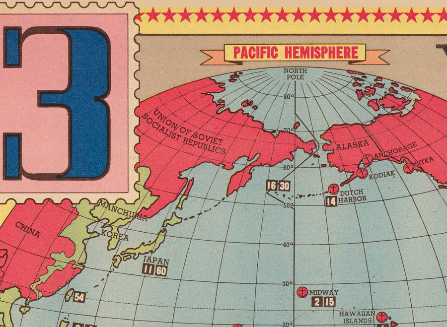 Antiguo mapa de la Segunda Guerra Mundial, 1945 - "3 años de guerra" de Edwin Sundberg - Aliados contra el Eje - Participación de EE.UU. en la Segunda Guerra Mundial