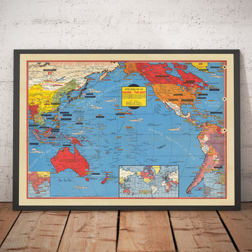 Antiguo mapa de la Segunda Guerra Mundial del Pacífico y el Lejano Oriente en 1942 por Stanley Turner - "Eventos fechados" Japón, EE.UU., Gran Bretaña, Pacífico, URSS