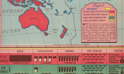 Ancienne carte de la Seconde Guerre mondiale, 1942 - "World at War" par Edwin Sundberg - Les États-Unis entrent en guerre - Alliés contre troupes de l'Axe