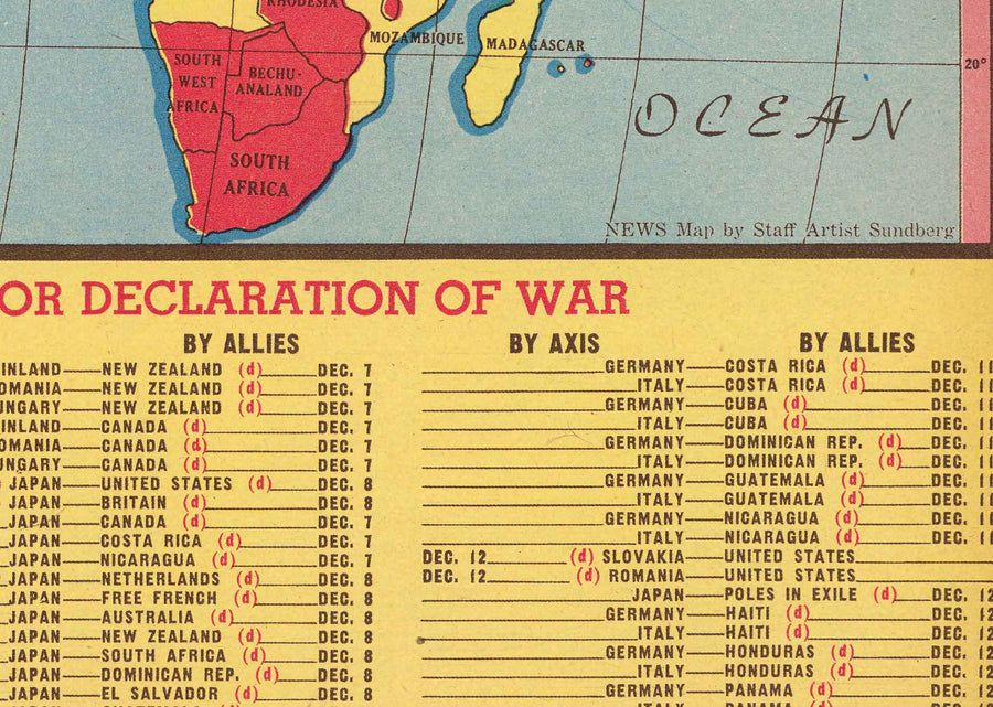 Alte Weltkrieg 2 Karte, 1942 - "Welt im Krieg" von Edwin Sundberg - USA tritt in den Krieg ein - Alliierte gegen Achsenmächte 