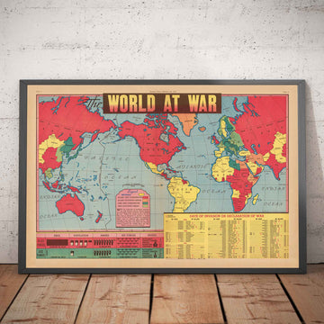 Antiguo mapa de la Segunda Guerra Mundial, 1942 - "El mundo en guerra" de Edwin Sundberg - Estados Unidos entra en la guerra - Aliados contra tropas del Eje