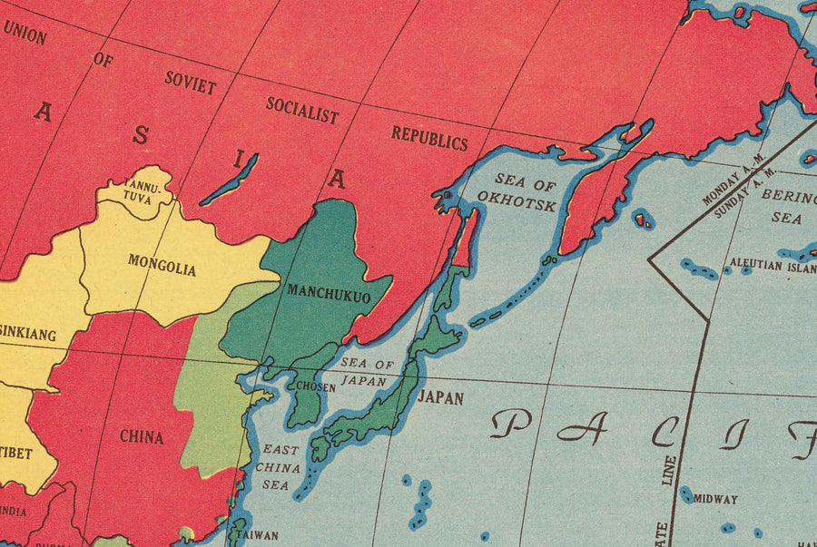 Alte Weltkrieg 2 Karte, 1942 - "Welt im Krieg" von Edwin Sundberg - USA tritt in den Krieg ein - Alliierte gegen Achsenmächte 