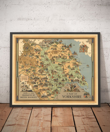 Alte Karte von Yorkshire, 1949 - Britische Eisenbahn-Piktogrammkarte - York, Sheffield, Bradford, Leeds, Middlesbrough, Penninen 