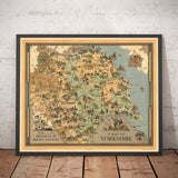 Old Map of Yorkshire, 1949-British Railway Pictorial Chart-York, Sheffield, Bradford, Leeds, Middlesbrough, Pennines