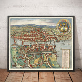 Viejo mapa de Zurich, Suiza 1638 de Matthaus Merian - Lago Zurich, Río Limmat, Canales, Paredes del castillo, Escudo de armas